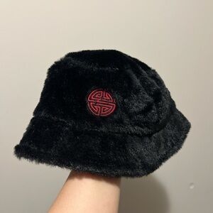 Black Faux Fur Bucket Hat with Red Embroidery